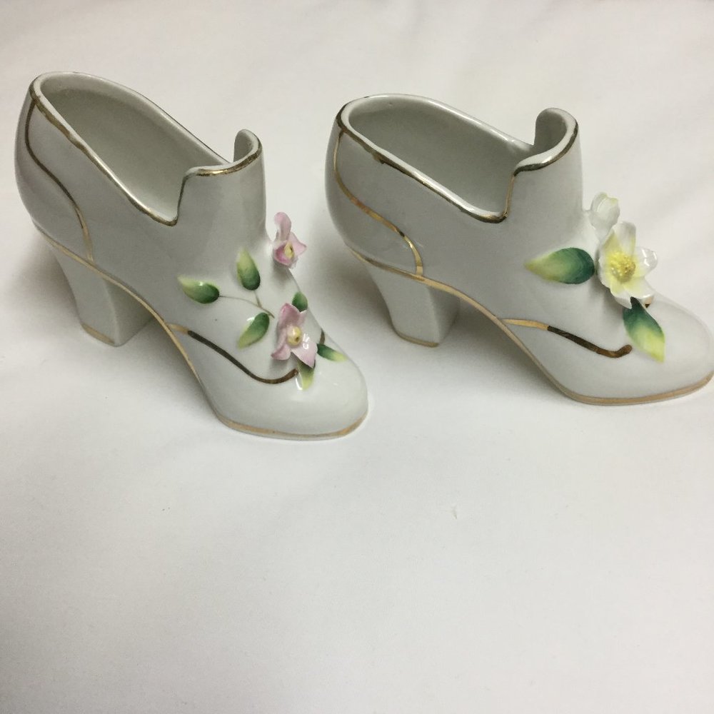 Pair Vintage Porcelain Shoes, White Gold Trim, With Flowers